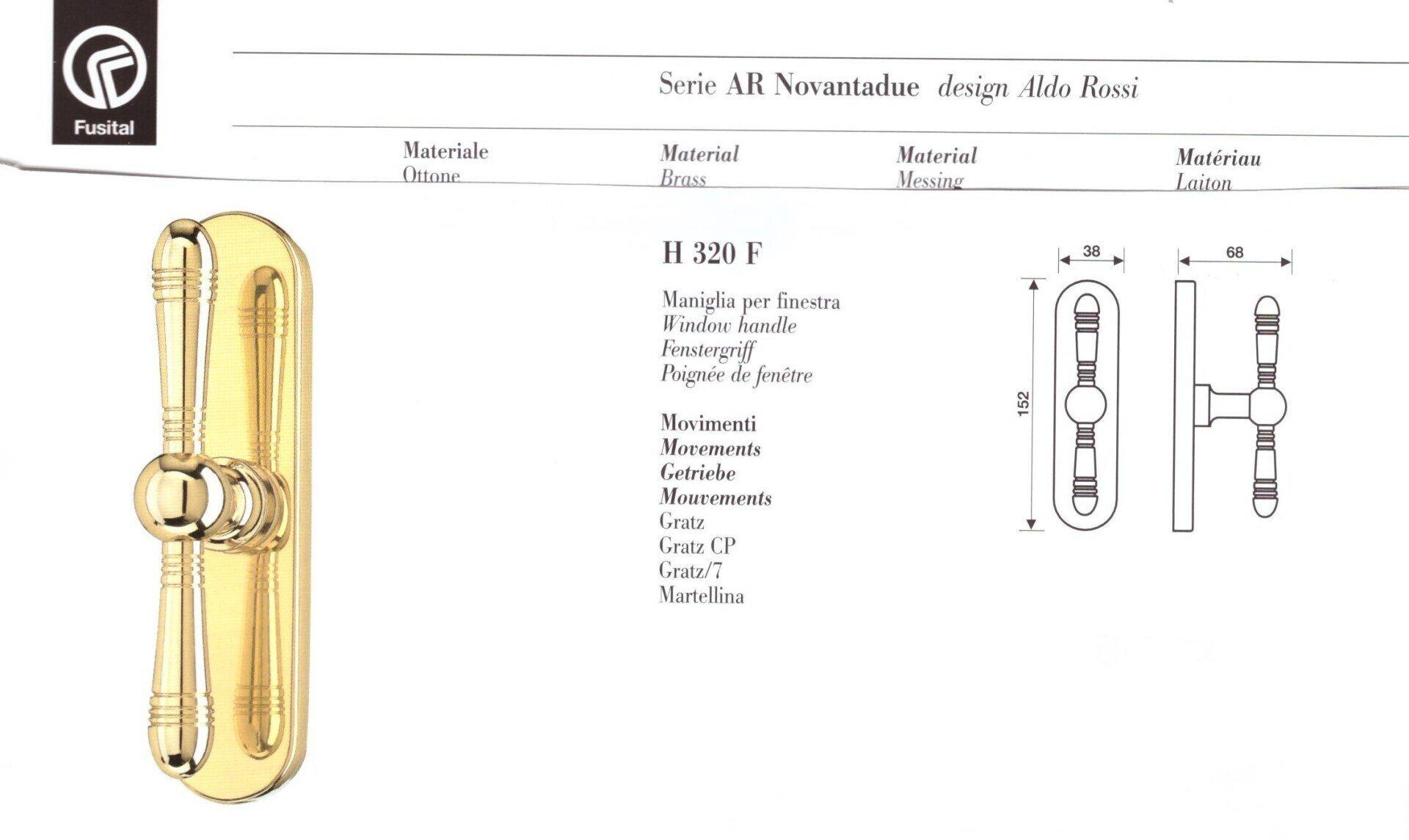 Cremonese per finestra FUSITAL AR NOVANTADUE H 320F IN OTTONE ORO